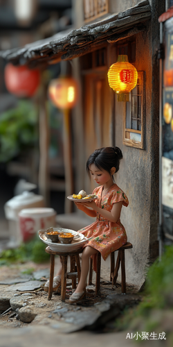 农村院子里的中国女孩吃饭