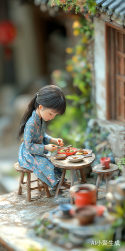 农村院子里的中国女孩吃饭