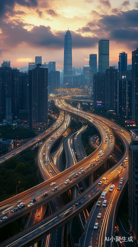 高清公路汽车在城市朝阳下的美丽风景