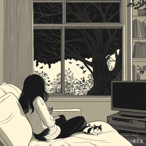 慵懒夜晚沙发上的女孩与小猫咪