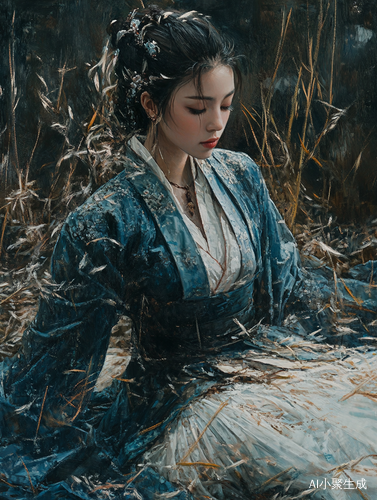 古代女子青色上襦鹅黄百褶裙的优雅身影