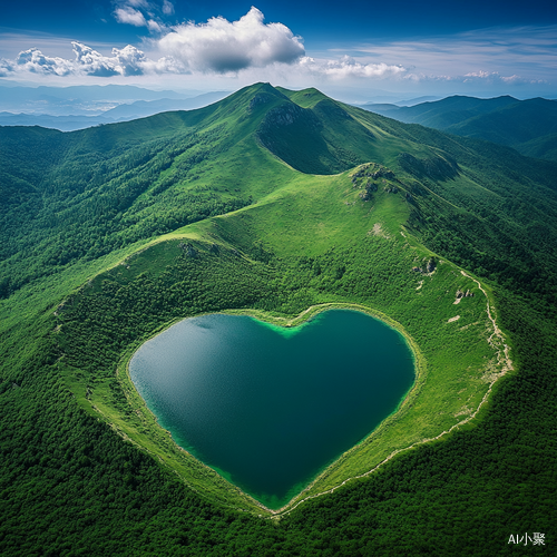 巨大的绿色心形湖泊与青山的浪漫俯瞰影像