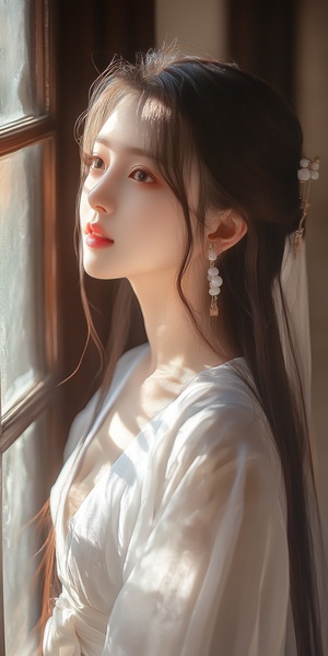 A beautiful Chinese girl, long hair draped overher shoulders, wearing a white Hanfu and ancientChinese style earrings, The sunlight shines on herface through the open window, she gently smiles,gazing in my direction, Her facial features areexquisite, her makeup is exquisite, her skin textureis clear, the background is decorated with traditionalChinese style, The anime aestheticstyle, realistic,soft lighting，warm colors, 4K ar 4:7 s 750