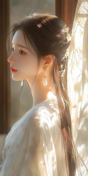 A beautiful Chinese girl, long hair draped overher shoulders, wearing a white Hanfu and ancientChinese style earrings, The sunlight shines on herface through the open window, she gently smiles,gazing in my direction, Her facial features areexquisite, her makeup is exquisite, her skin textureis clear, the background is decorated with traditionalChinese style, The anime aestheticstyle, realistic,soft lighting，warm colors, 4K ar 4:7 s 750