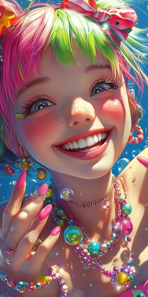 Bright sunlight pours down in the upper right of the frame, A hyperrealistic airbrush illustration of "hikari" the cute cartoon character with pink and green hair, smiling and showing off her bright colorful necklace while wearing candy earrings and bracelets. She has long nails decorated in jewels, her eyes have pink frames, the background is blue. The style is vibrant digital art in the style of Hajime Sorayama.s 250