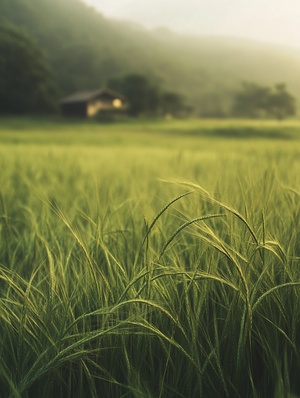 Towering grassland, there is a lake at the edge of the grassland, a quaint homestay at the junction of the grassland and the lake, full of greenery, blurred foreground, fine details, realistic, soft and warm tones, strong sense of narrative, strong impact in tranquility, professional photographer lens, Canon EOS, photographer Dan. Winters, cinematography style, best quality, AR 3:4, v6