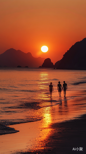 夕阳下的海岸风情与礁石漫步的高清实景摄影