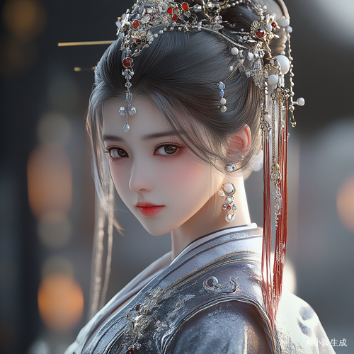 古代风格的美丽女子银灰古装宛如仙境