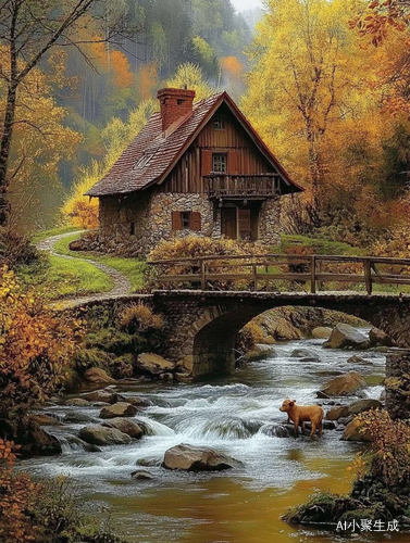 小桥流水与小木屋的美丽乡村风景