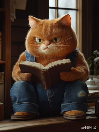 胖橘猫穿牛仔服在书房专注看书