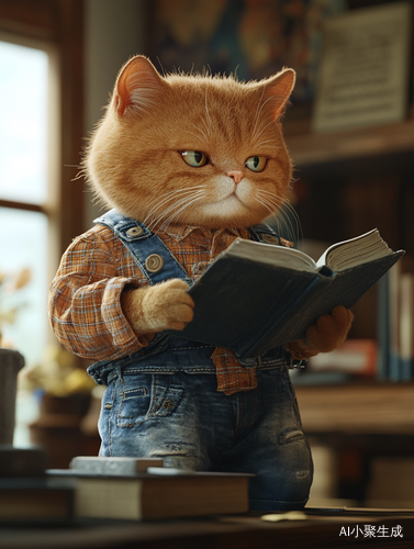 胖橘猫穿牛仔服在书房专注看书