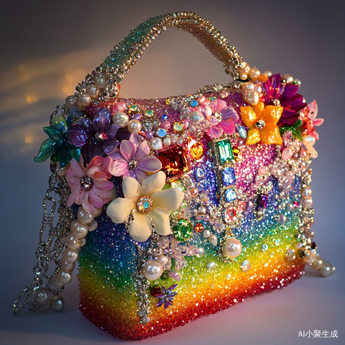 华丽彩虹包包装饰宝石珍珠彩灯闪粉与鲜花
