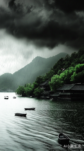 夏日西湖狂风骤雨下的小船与波光粼粼的湖水