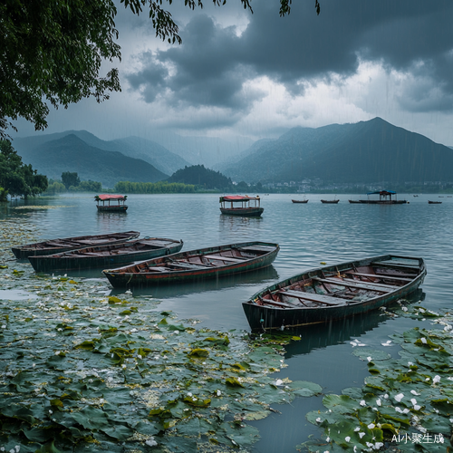 夏日西湖狂风暴雨中的波光湖水与小船