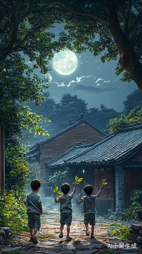 小树林中的快乐男孩月光下的乡村童年