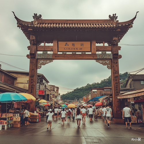 古老街市入口木制拱门前的热闹场景