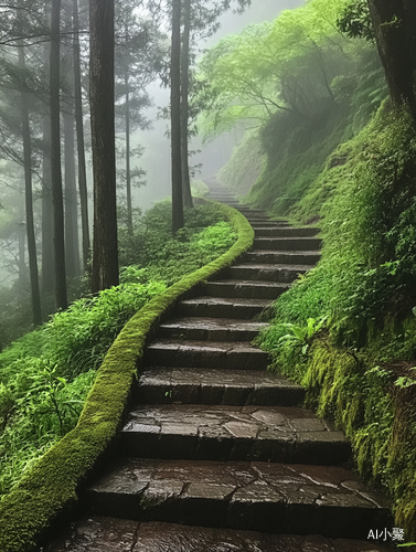 雨中森林之楼梯的手机视角摄影