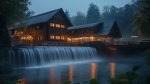 There is a hotel in the waterfall, wooden buildings, delicate and soft lighting, blending with the clouds, simple and idyllic style, fine details, soft lighting, ambient lighting, magnificent views, realism, master photography, masterpieces，ar16:9，v6