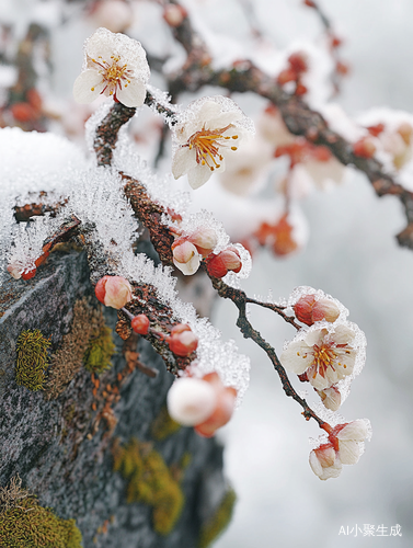 青苔石壁与腊梅花的雪中光影奇迹