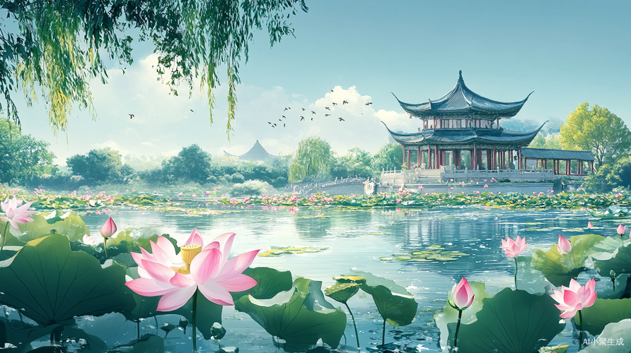 盛夏荷花池塘中式风景画卷与悠闲文化氛围