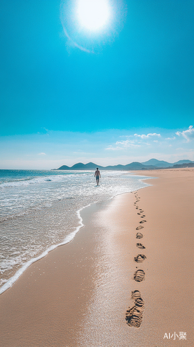 阳光海滩上的悠闲步行与美丽海景