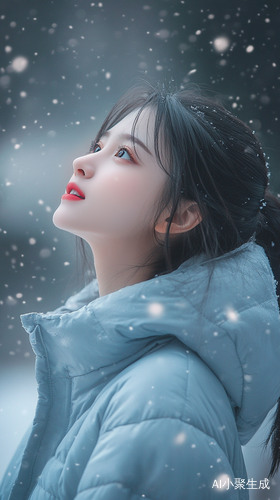 中国女孩在梦幻雪景中微笑穿天蓝羽绒服