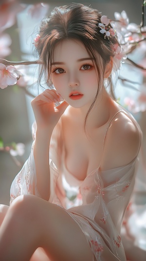 中国美少女清新优雅的桃花妆与粉色蕾丝睡衣