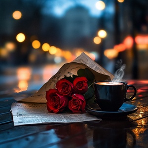 This evocative image captures a serene and introspective moment on a rainy day. In the foreground, a bouquet of vivid red roses, wrapped in brown paper, rests on a wet wooden table, adding a splash of vibrant color and life to the scene. Beside the flowers, a black coffee cup sits on a saucer, its contents steaming lightly, suggesting warmth amidst the cool, damp atmosphere. An open newspaper, its pages slightly damp, lies next to the cup, its text blurred and unreadable, contributing to the sense of a paus