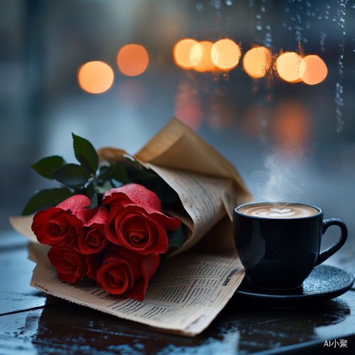 Serene Moment on a Rainy Day with Roses Coffee and Newspaper