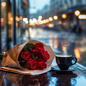 This evocative image captures a serene and introspective moment on a rainy day. In the foreground, a bouquet of vivid red roses, wrapped in brown paper, rests on a wet wooden table, adding a splash of vibrant color and life to the scene. Beside the flowers, a black coffee cup sits on a saucer, its contents steaming lightly, suggesting warmth amidst the cool, damp atmosphere. An open newspaper, its pages slightly damp, lies next to the cup, its text blurred and unreadable, contributing to the sense of a paus