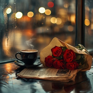 This evocative image captures a serene and introspective moment on a rainy day. In the foreground, a bouquet of vivid red roses, wrapped in brown paper, rests on a wet wooden table, adding a splash of vibrant color and life to the scene. Beside the flowers, a black coffee cup sits on a saucer, its contents steaming lightly, suggesting warmth amidst the cool, damp atmosphere. An open newspaper, its pages slightly damp, lies next to the cup, its text blurred and unreadable, contributing to the sense of a paus