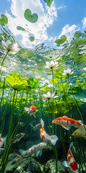 Blue sky, white clouds and sunlight shining on the lotus floating in clear water under the pond. koi carp in the water. The lens capture the entire scene of underwater green plants. Bright colors highlight the vitality of lotuses swaying with wind.Underwater perspective highlights the tall plant scale. High definition resolution presents delicate details. The professional photographer's work conveys natural beauty in the style of nature.