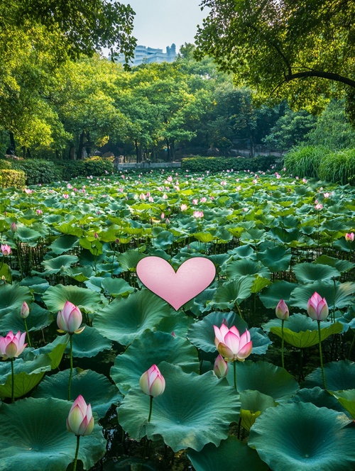 雨后美丽荷花池，开满美丽荷花，荷花围成爱心心形形状，荷花开的正茂，广角镜头高清