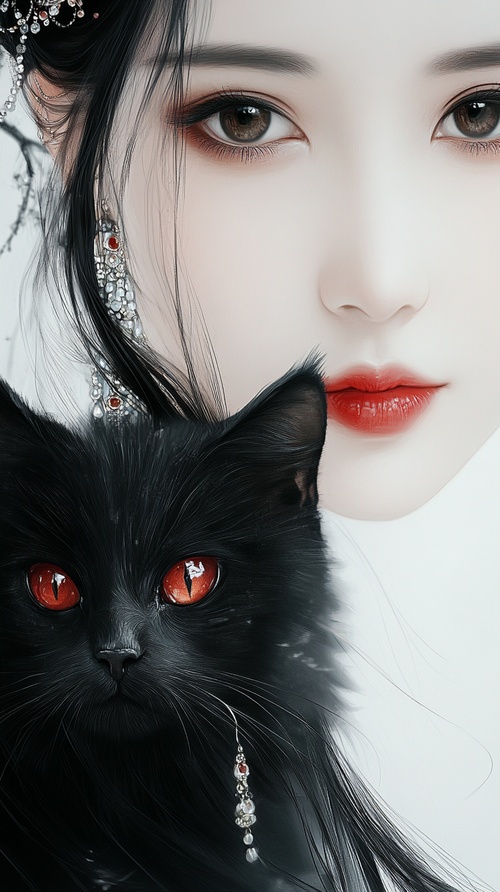 an elegant chinese woman and a black cat , beautiful eyes with long eyelashes , red lips , Jewelry earrings , smooth lines , minimalist , white background , ethereal and Zen , romantic realism ,8k. ar 3:4 v 6.0 s 100