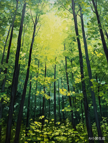 翠绿森林中的高大树木与清新鸟鸣