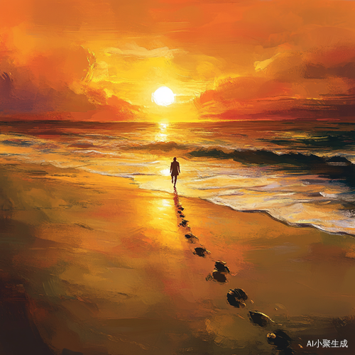 日落海边沙滩的脚印与海天融为一体
