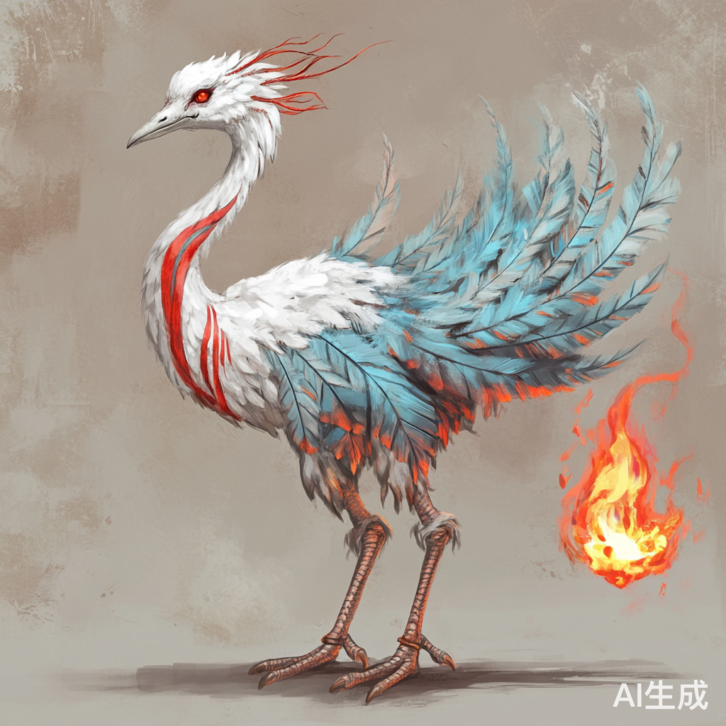 毕方神兽插画青色羽毛与火焰的细节展现