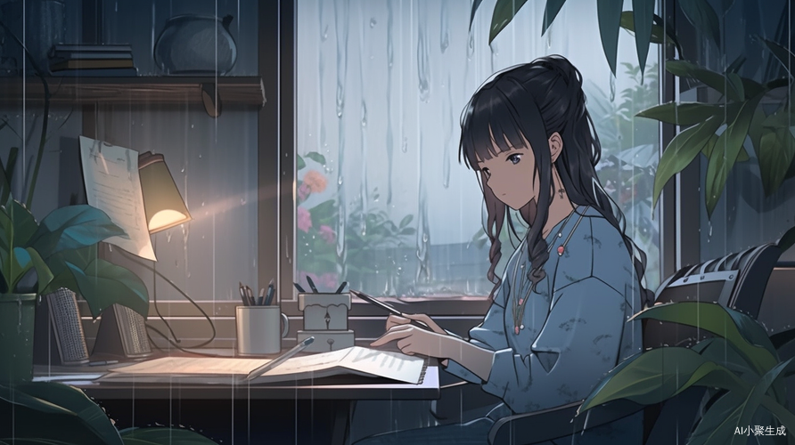 雨中静谧时光女生阅读的唯美瞬间
