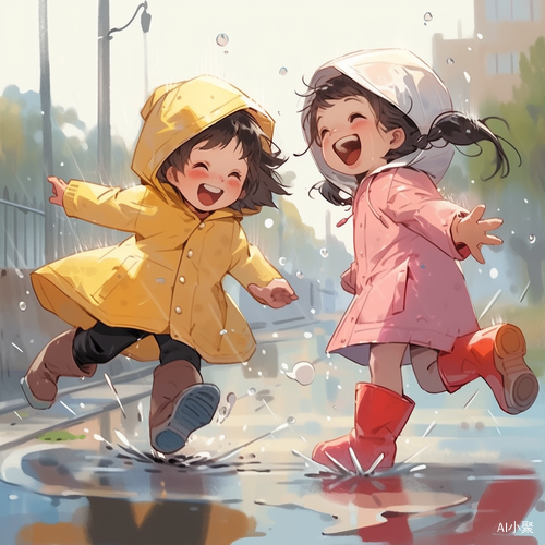 雨后两个小女孩在水坑中欢快跳跃