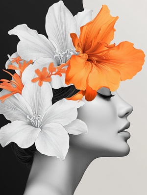 A beautiful woman's face with an orange flower in her hair, in a digital art style, with a black and white background, with white flowers, in the style of double exposure photography, in a floral surrealism style, as a close up of the side profile, with a gray gradient background, in a poster design style, with white flowers on one half of the head, and orange color flowers on the other half of the head, with a gray background, with an orange flower on the right side of the girl's head, with a gray 