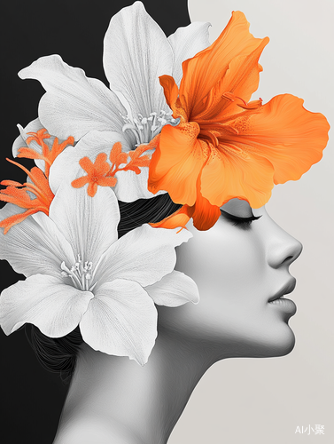 Digital Art of Woman with Orange Flower in Hair and Floral Surrealism