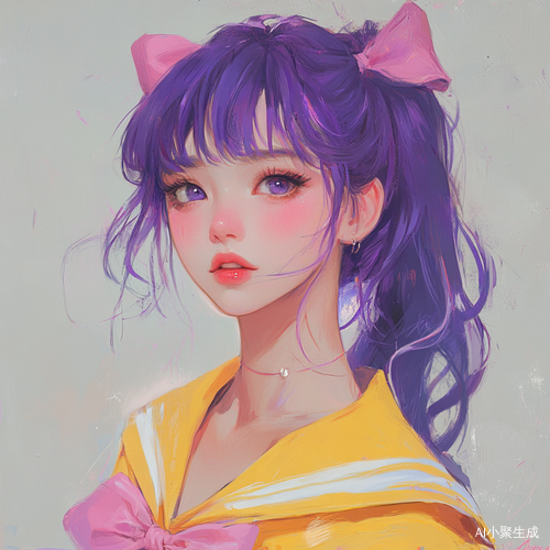 日本女孩穿黄色无肩水手服紫色头发粉色蝴蝶结