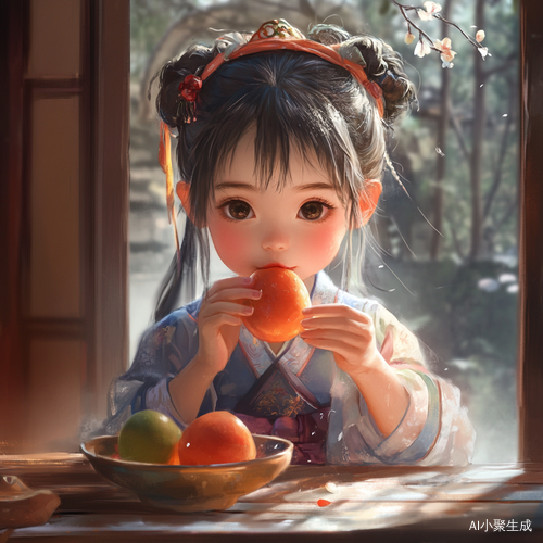 中国女孩享受美味水果的快乐时光