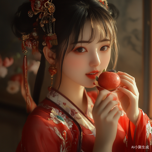 中国女孩享受美味水果的快乐时光