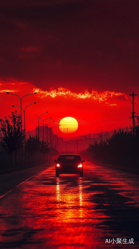 治愈风与夕阳红色天空下的汽车旅程