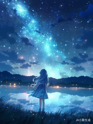 天蓝裙少女夜晚湖边仰望星空