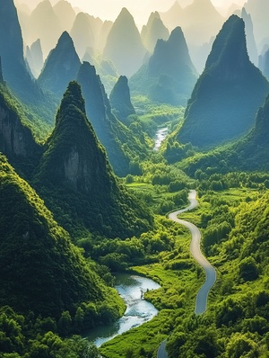 治愈系风景图片，阳光洒向山间，有山有河流有路，绝美的风景，