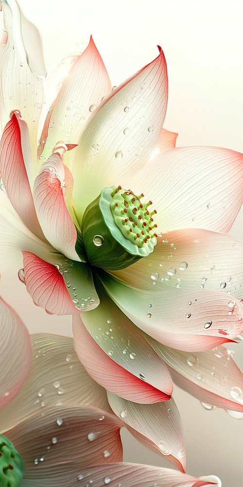 A lotus flower with transparent petals, a green core and pink edges, with pink petal edge embellishments, a glass texture effect, a pearl effect, on a white background, with a semi-transparent light yellow gradient in the middle of the flowers, as a super realistic digital art, with delicate details, water droplets on the flowers, sparkling dew drops, elegant lines, delicate curves, gorgeous and mysterious colors, and a sense of tranquility. in the style of .