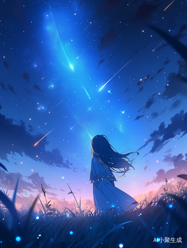 天蓝裙少女夏夜草地仰望星空