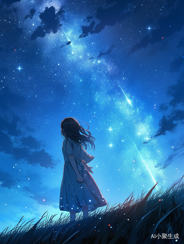 天蓝裙少女夏夜草地仰望星空